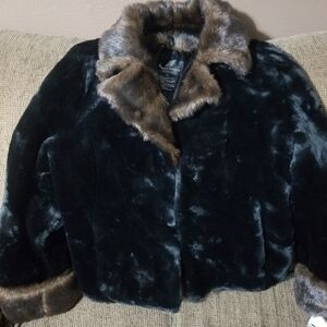 Dennis basso Black Faux Fur Jacket with Brown Accents. NEW!!